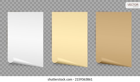 Vector set of sheets of paper with curled corner. White, beige and brown vintage parchment. Vector illustration EPS10