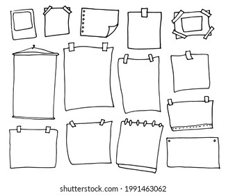 vector set of sheets of paper on tape, spring with a folded page, hand-drawn in the doodle style of a rectangular shape, isolated by a black outline on a white background with space for the text