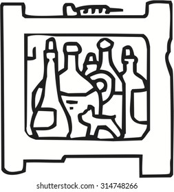 Vector set of shelves filled household items, hand drawn cartoons style.