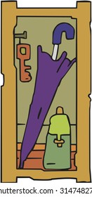 Vector set of shelves filled household items, hand drawn cartoons style.