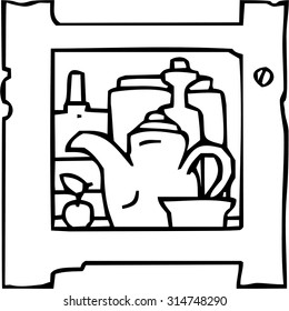 Vector set of shelves filled household items, hand drawn cartoons style.