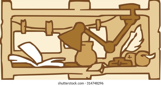 Vector set of shelves filled household items, hand drawn cartoons style.