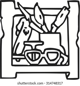 Vector set of shelves filled household items, hand drawn cartoons style.