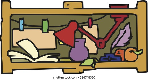Vector set of shelves filled household items, hand drawn cartoons style.