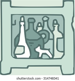 Vector set of shelves filled household items, hand drawn cartoons style.
