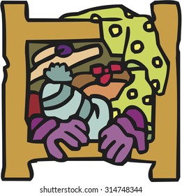 Vector set of shelves filled household items, hand drawn cartoons style.