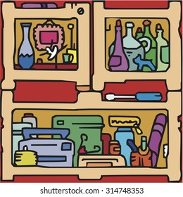 Vector set of shelves filled household items, hand drawn cartoons style.