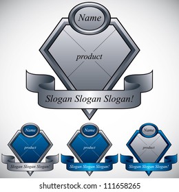 Vector set of shield retro labels with places for name, product and a company slogan.