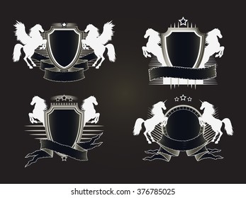 Vector set of shields with old tattered banners and silhouettes rearing horses, Pegasus. In dark colors. Gradient used.