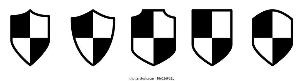 Vector set of shields. Protection icons. Vector set of black shields in flat style isolated on white background. Defense icons. Vector illustrations.