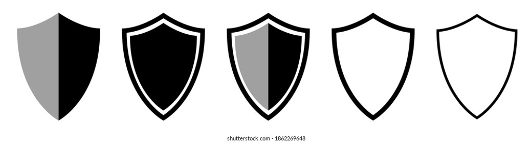 Vektorsatz von Schildern. Schutzsymbole. Vektorset aus schwarzen Schilden in flachem Stil einzeln auf weißem Hintergrund. Verteidigungssymbole. Vektorgrafiken.
