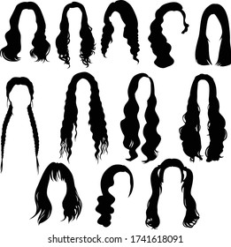 Vector set of shiluette  female hairstyles of different shapes isolated on white background. Black icons of women's hairstyles with long hair