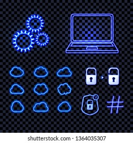 Vector Set of Shining Blue Neon Technology Icons Isolated on Dark Transparent Background, Bright Lights, Wheel, Laptop, Data Clouds, Hashtag and Security Locks.