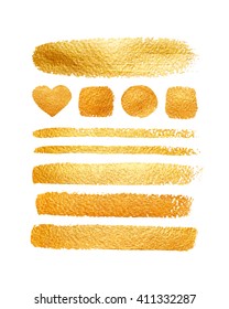 Vector set of shining brush strokes for you amazing design project. Isolated on white. Vector abstract hand painted golden background.