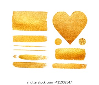 Vector set of shining brush strokes for you amazing design project. Isolated on white. Vector abstract hand painted golden background.