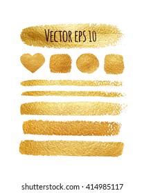 Vector set of shining brush strokes for you amazing design project. Isolated on white. Vector abstract hand painted golden background.