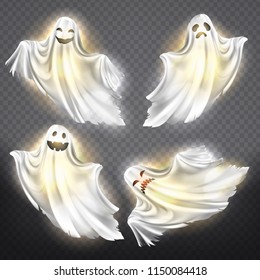 Vector set of shining ghosts - happy, sad or angry, smiling white phantom silhouettes isolated on transparent background. Halloween spooky monster, scary spirit or poltergeist flying in night.