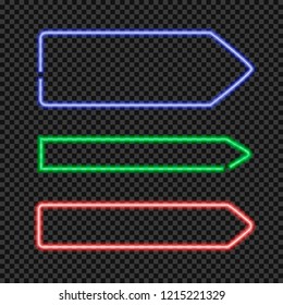 Vector Set of Shining Neon Arrow Shaped Frames, Blank Borders Collection on Transparent Dark Background.
