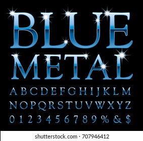 Vector set of shiny blue metal alphabet letters and numbers