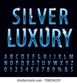 Vector set of shiny blue metal alphabet letters and numbers