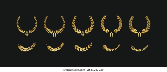 Conjunto de Vector de coronas de laurel de oro brillante. Iconos clásicos de logro y éxito para diseños de premios vintage y marcas de lujo