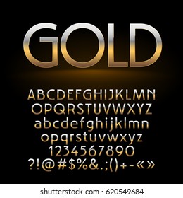 Vector set of shiny gold letters, symbols and numbers on dark background. Contains graphic style