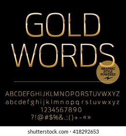 Vector set of shiny golden alphabet letters, numbers and punctuation symbols. Compact normal style