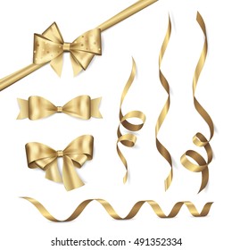 Vector set of shiny golden ribbons and bows. Collection of realistic elements for your design gift card or invitation. Isolated from the background.