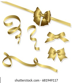 Vector set of shiny golden ribbons and bows. Collection of realistic elements for your design gift card or invitation. Isolated from the background.