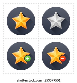 Vector set of shiny golden star icons. UI elements for game design