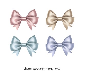 Vector Set of Shiny Light Pink Cream Blue Violet Satin Gift Bows Close up Isolated on White Background