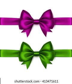 Vector Set of Shiny Magenta Purple Dark Pink Green Satin Bows and Ribbons Top View Close up Isolated on White Background