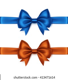 Vector Set of Shiny Orange Blue Satin Bows and Ribbons Top View Close up Isolated on White Background