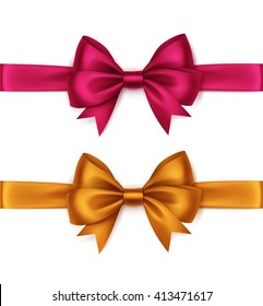 Vector Set of Shiny Orange Bright Pink Magenta Satin Bows and Ribbons Top View Close up Isolated on White Background