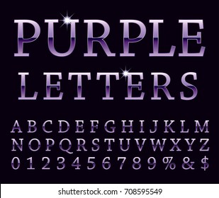 Conjunto de vectores de letras y números brillantes del alfabeto de metal púrpura