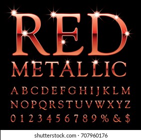 Vector Set Of Shiny Red Metal Alphabet Letters And Numbers