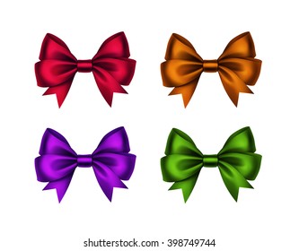 Vector Set of Shiny Red Orange Purple Green Satin Gift Bows Close up Isolated on White Background
