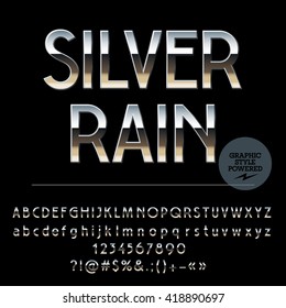 Vector set of shiny silver alphabet letters, numbers and punctuation symbols. Art Deco style