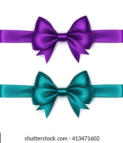 Vector Set of Shiny Turquoise Purple Violet Satin Bows and Ribbons Top View Close up Isolated on White Background