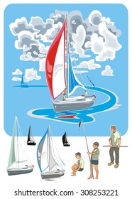 Vector set of ship and cloud of different shapes,  hand drawn in art cartoon  style.