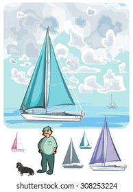 Vector set of ship and cloud of different shapes,  hand drawn in art cartoon  style.