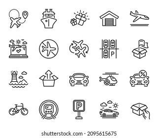 Vector set of Ship, Medical helicopter and Airplane travel line icons set. Lighthouse, Bicycle and Car leasing icons. Delivery location, Hold box and Metro subway signs. Ship web symbol. Vector