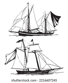 Vector set of ship sailboats. Hand drawn black and white ink drawing.