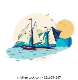 Vector set of ship sailboats. Hand drawn illustration.