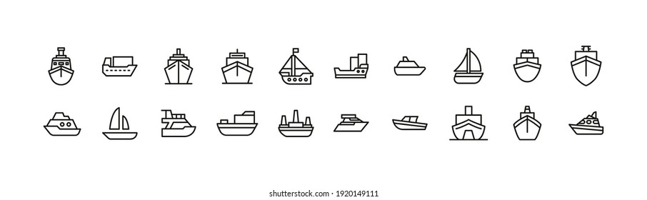 Vector set of ship thin line icons. Design of 20 stroke pictograms. Ship signs isolated on a white background.