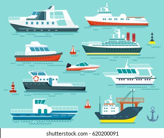 Vector set of ships and boats in flat cartoon style.Illustration of delivery,cargo and passenger marine ships on blue sea background