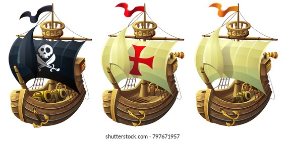 vector set of ships isolated on white background. A commercial and pirate ship with a cannon.