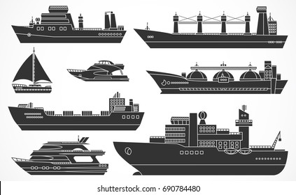 Vector Set Of Ships: Tanker, Bulk Carrier, Dry Cargo Ship, Icebreaker, Trawler, Yacht, Sailboat.  Black Silhouettes. 