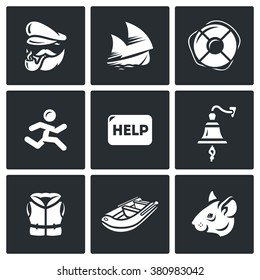 Vector Set of Shipwreck Icons. Captain, Ship, Rescue, Escape, Help, Distress, Tocsin, Life jacket, Evacuation, Rat.