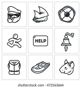 Vector Set of Shipwreck Icons. Captain, Ship, Rescue, Escape, Help, Distress, Tocsin, Life jacket, Evacuation, Rat.
